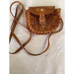 Vintage Ensenada Mexico Hand Tooled Leather Mini Crossbody Bag Brown Boho Pouch
